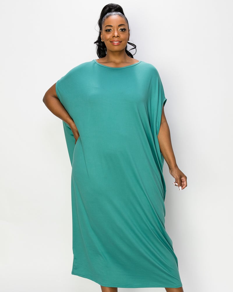 Front of a model wearing a size 3X Sasha Kaftan Dress in Jade Dusty by L I V D. | dia_product_style_image_id:241299